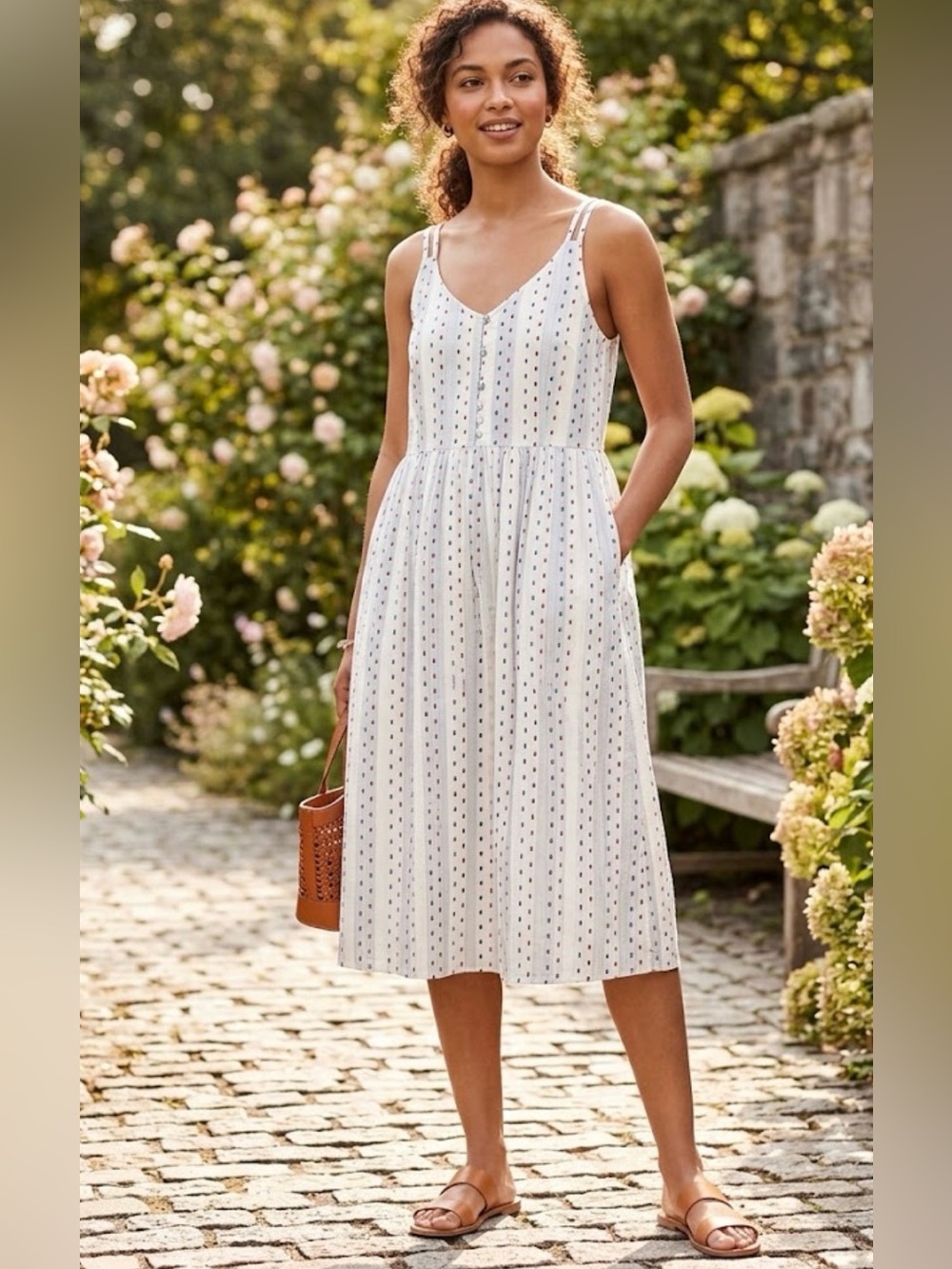 LOFT Swiss Dot Button Front Strappy Midi Dress White 10 Cotton